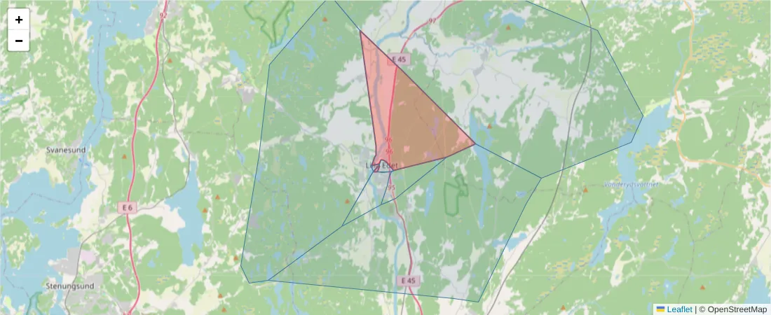 Karta över postnummerområdet  och angränsande postnummer i Sverige