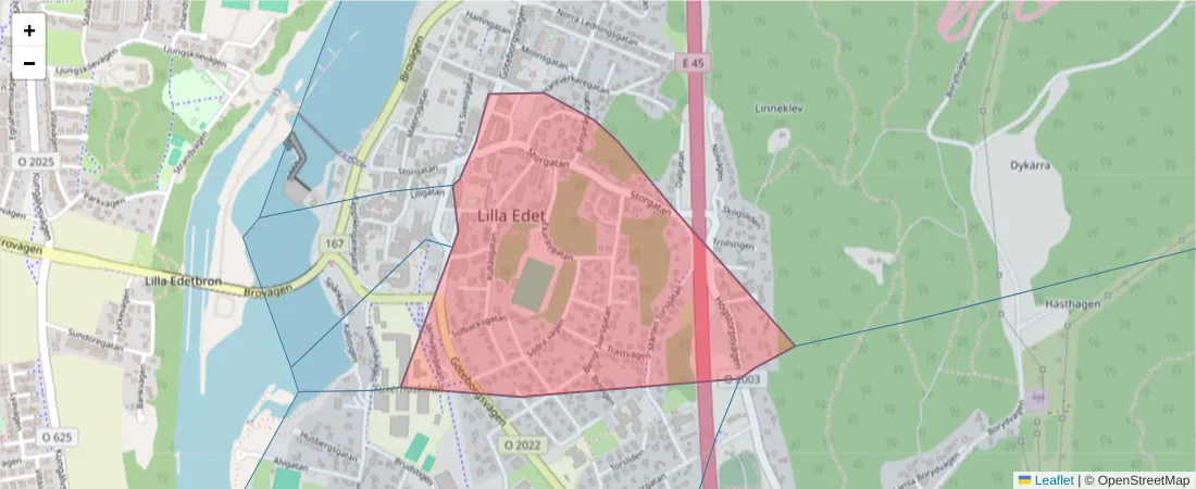 Karta över postnummerområdet  och angränsande postnummer i Sverige