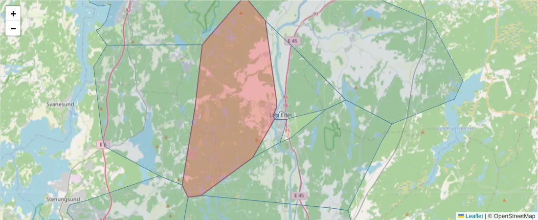 Karta över postnummerområdet  och angränsande postnummer i Sverige