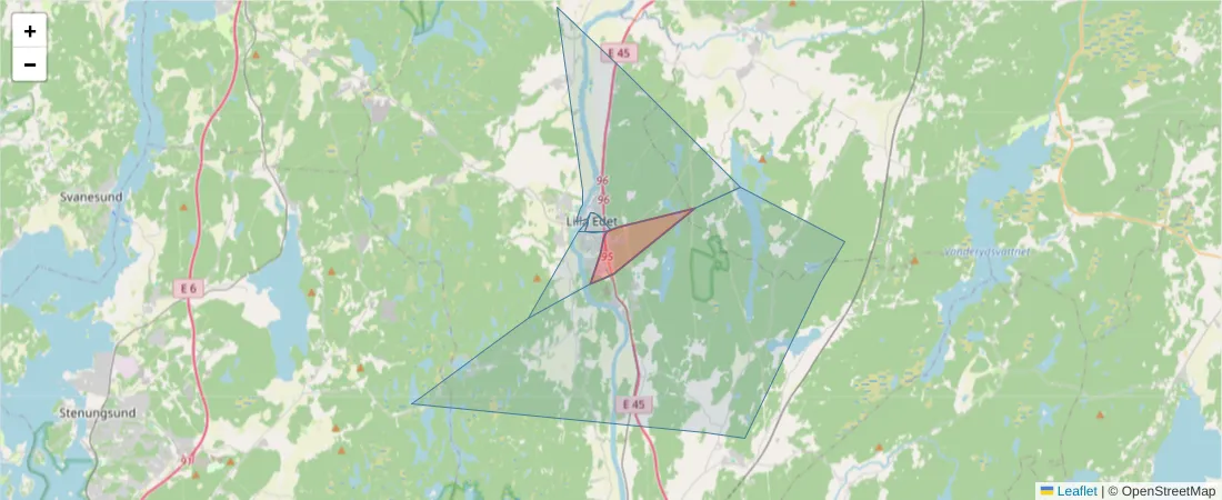 Karta över postnummerområdet  och angränsande postnummer i Sverige