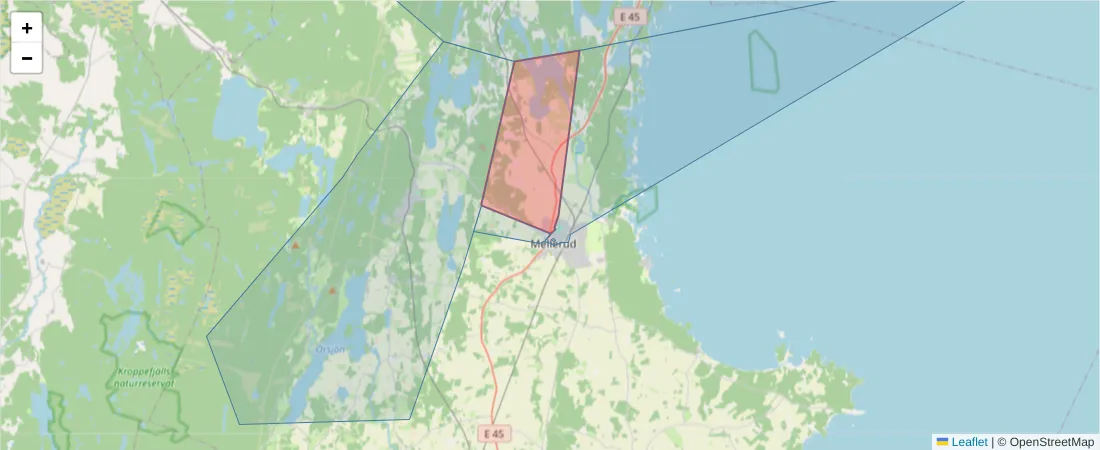 Karta över postnummerområdet  och angränsande postnummer i Sverige