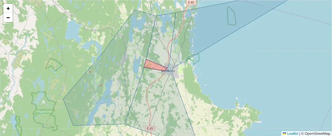 Karta över postnummerområdet  och angränsande postnummer i Sverige