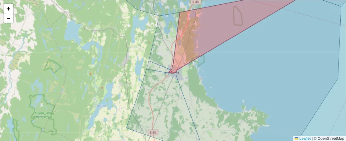 Karta över postnummerområdet  och angränsande postnummer i Sverige