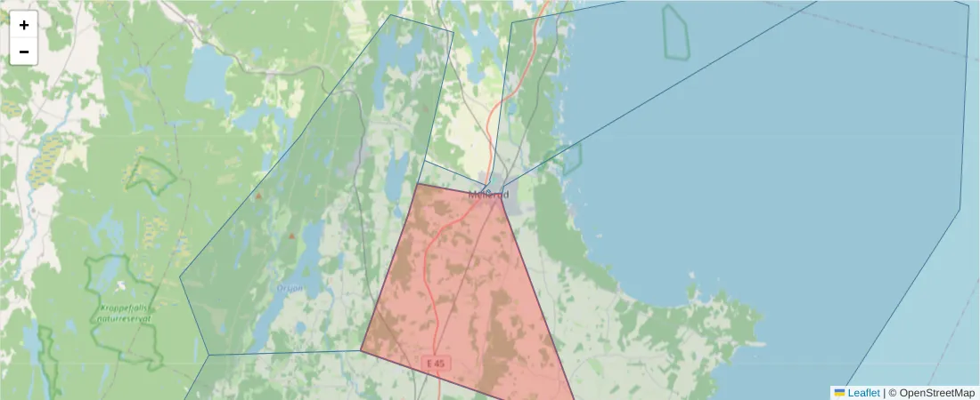 Karta över postnummerområdet  och angränsande postnummer i Sverige