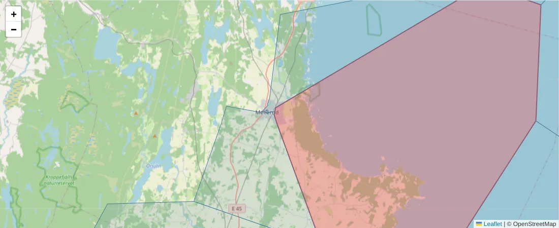 Karta över postnummerområdet  och angränsande postnummer i Sverige