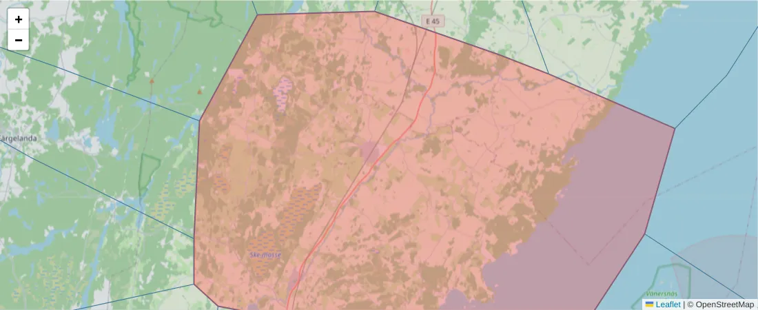 Karta över postnummerområdet  och angränsande postnummer i Sverige