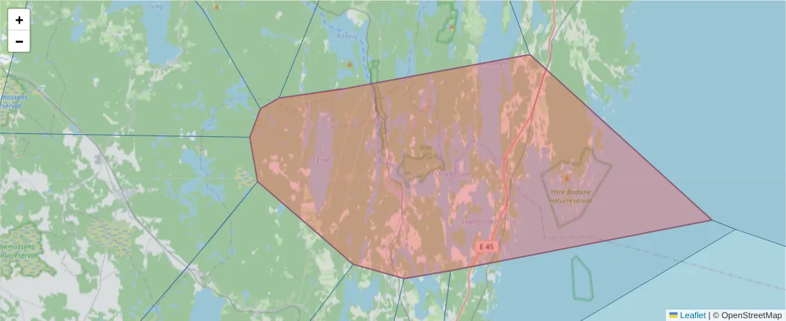 Karta över postnummerområdet  och angränsande postnummer i Sverige