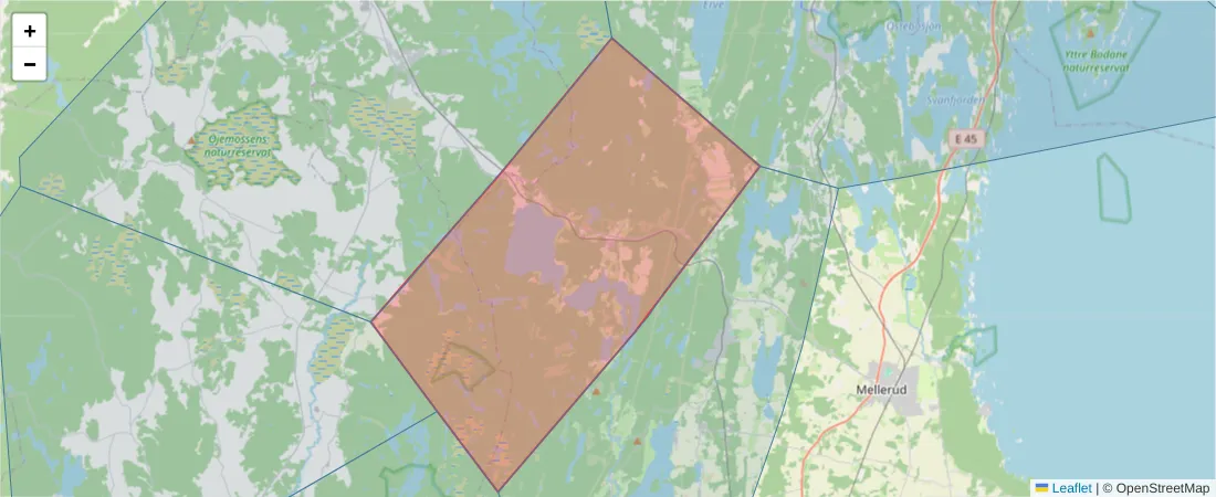 Karta över postnummerområdet  och angränsande postnummer i Sverige