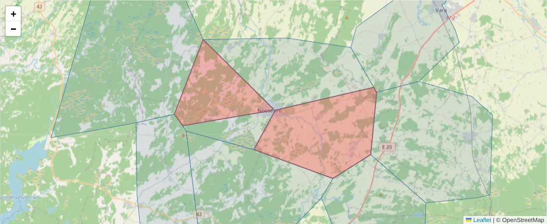 Karta över postnummerområdet  och angränsande postnummer i Sverige
