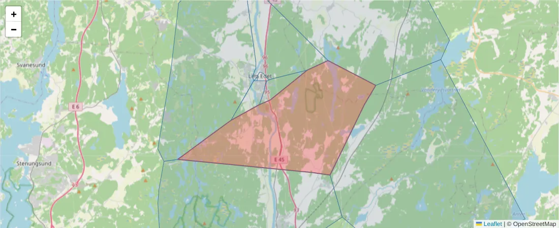 Karta över postnummerområdet  och angränsande postnummer i Sverige