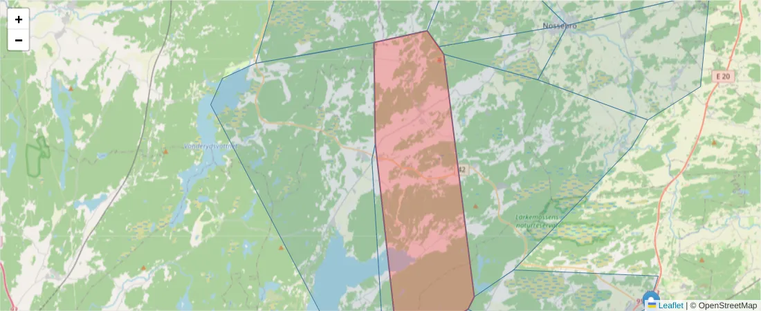 Karta över postnummerområdet  och angränsande postnummer i Sverige