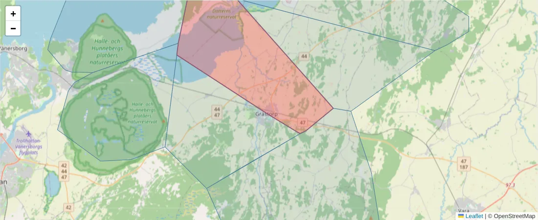 Karta över postnummerområdet  och angränsande postnummer i Sverige