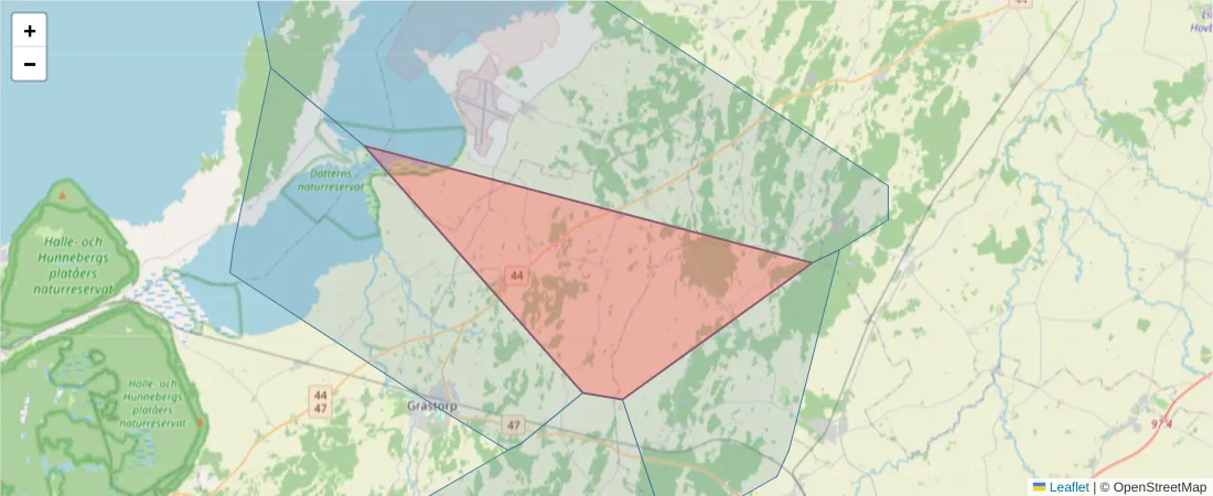Karta över postnummerområdet  och angränsande postnummer i Sverige