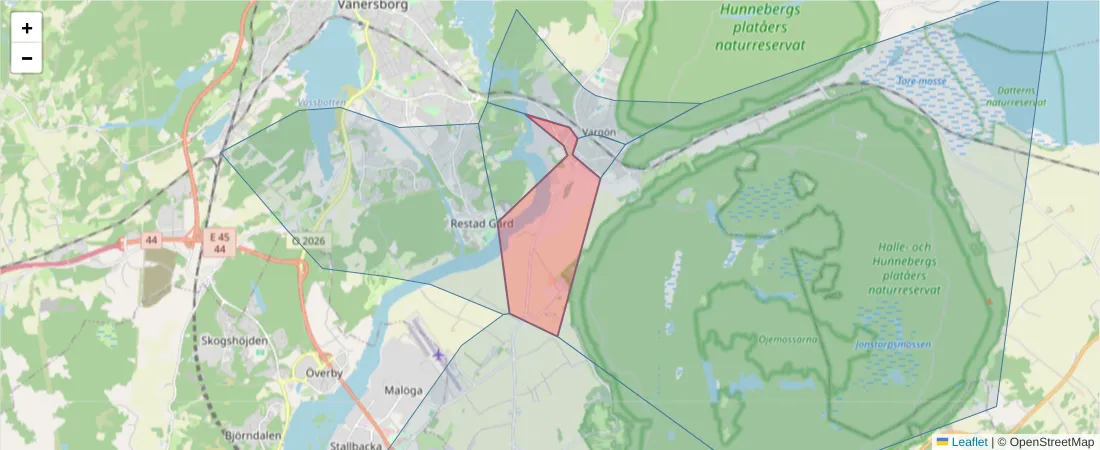 Karta över postnummerområdet  och angränsande postnummer i Sverige