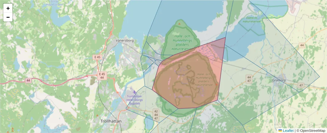 Karta över postnummerområdet  och angränsande postnummer i Sverige