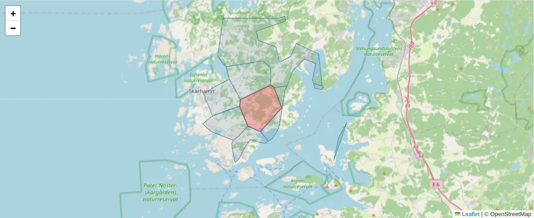 Karta över postnummerområdet  och angränsande postnummer i Sverige