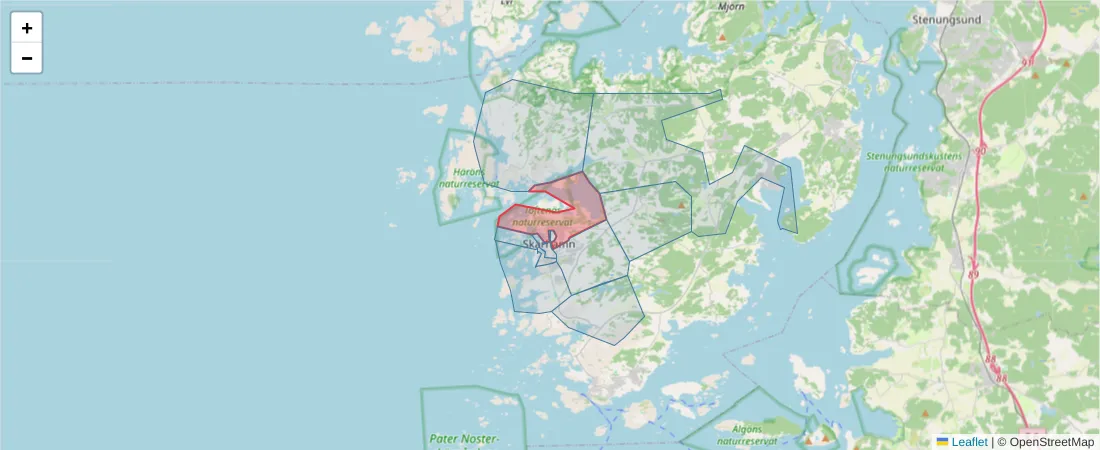 Karta över postnummerområdet  och angränsande postnummer i Sverige