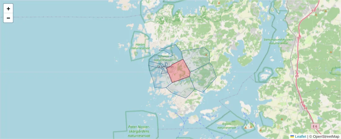 Karta över postnummerområdet  och angränsande postnummer i Sverige