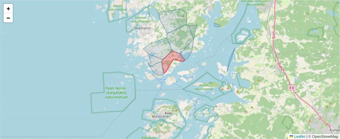 Karta över postnummerområdet  och angränsande postnummer i Sverige