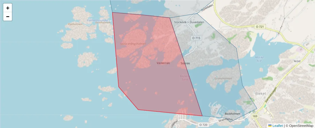 Karta över postnummerområdet  och angränsande postnummer i Sverige