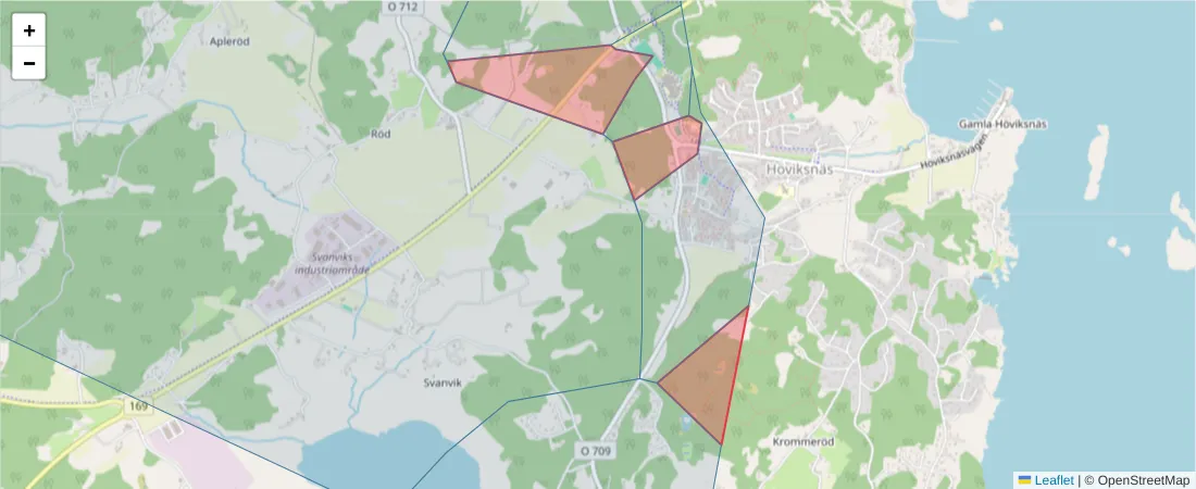 Karta över postnummerområdet  och angränsande postnummer i Sverige