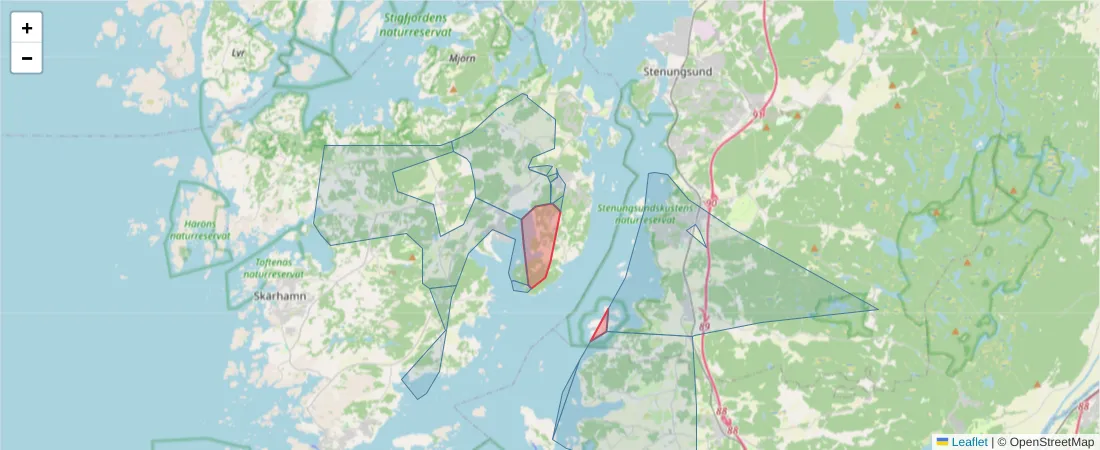 Karta över postnummerområdet  och angränsande postnummer i Sverige