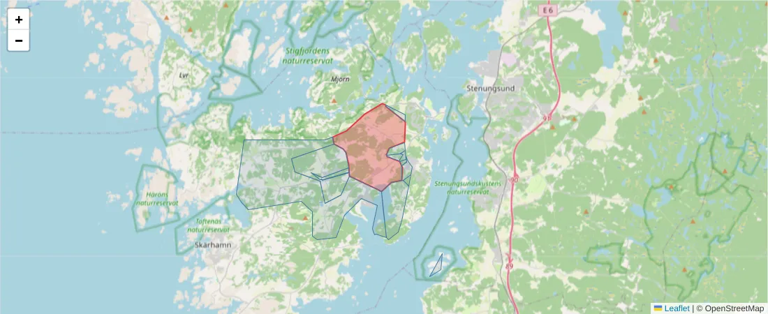 Karta över postnummerområdet  och angränsande postnummer i Sverige