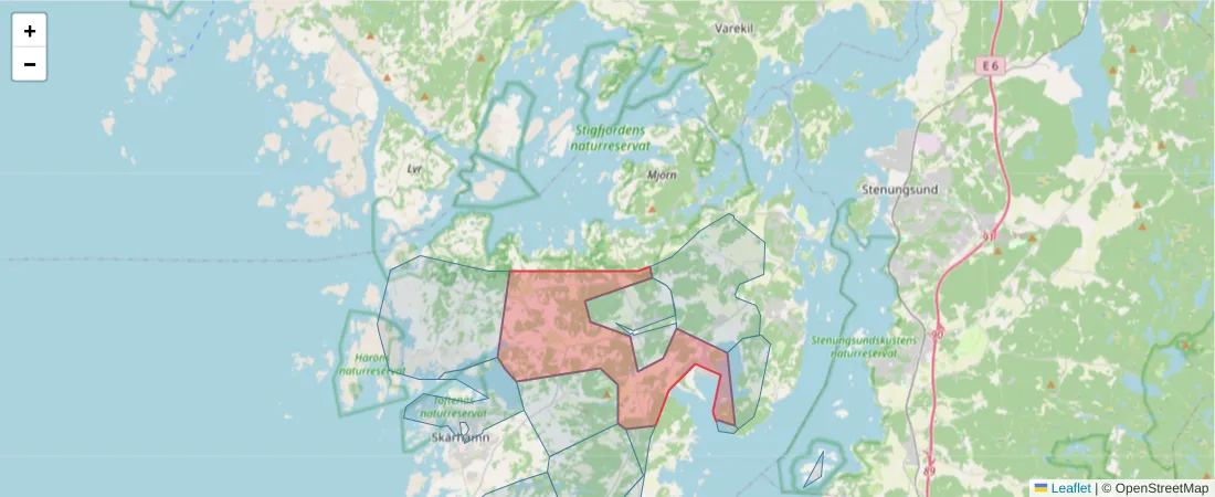 Karta över postnummerområdet  och angränsande postnummer i Sverige