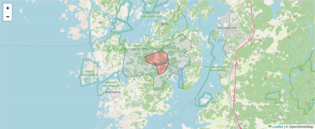 Karta över postnummerområdet  och angränsande postnummer i Sverige