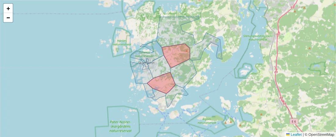 Karta över postnummerområdet  och angränsande postnummer i Sverige