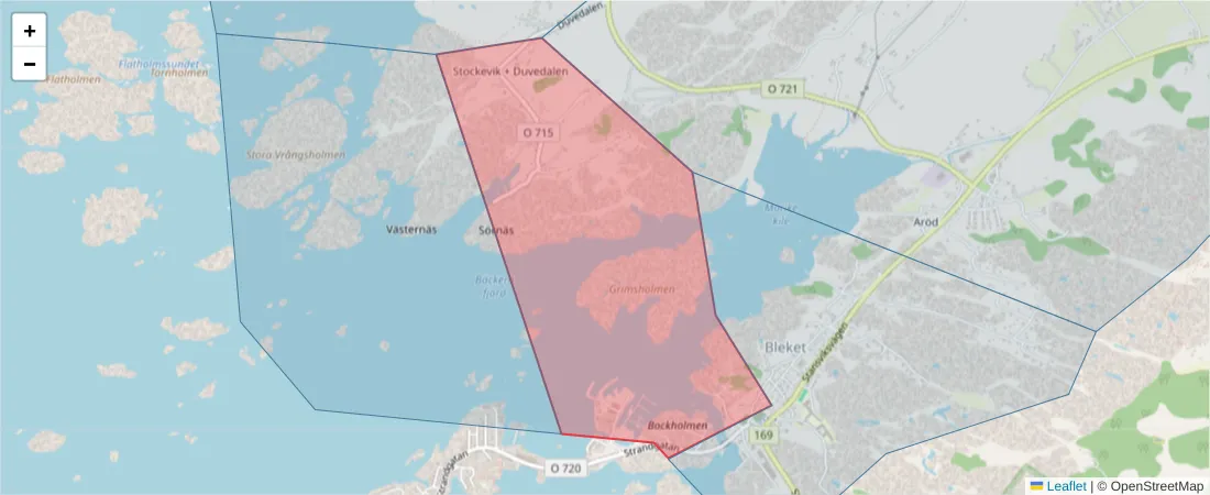 Karta över postnummerområdet  och angränsande postnummer i Sverige