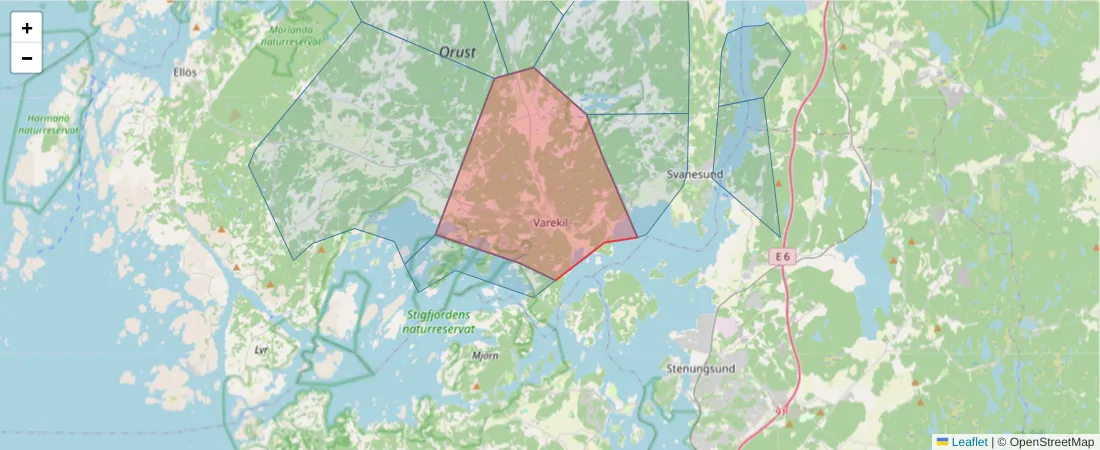 Karta över postnummerområdet  och angränsande postnummer i Sverige