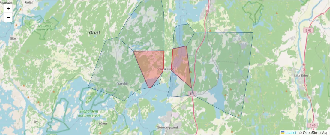 Karta över postnummerområdet  och angränsande postnummer i Sverige