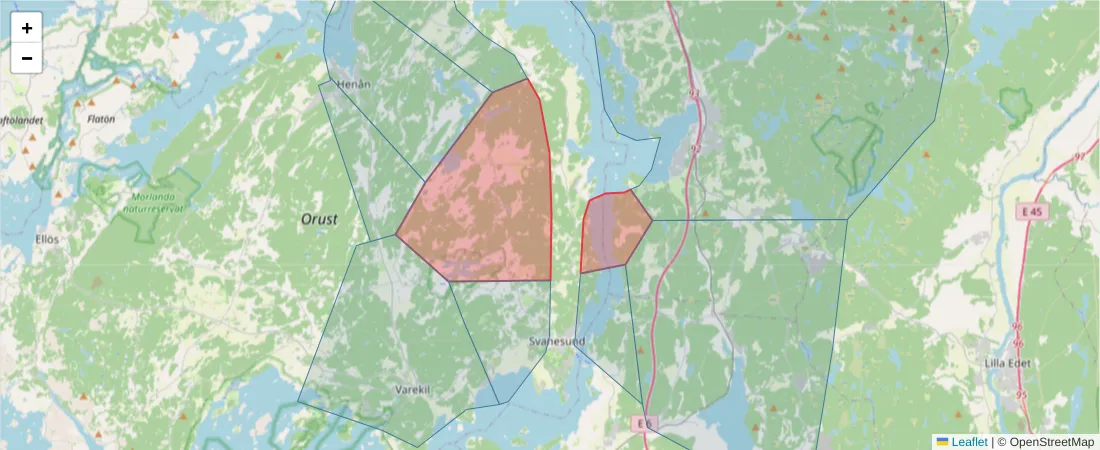 Karta över postnummerområdet  och angränsande postnummer i Sverige