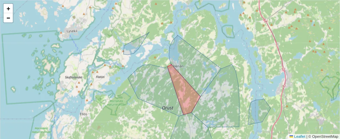 Karta över postnummerområdet  och angränsande postnummer i Sverige