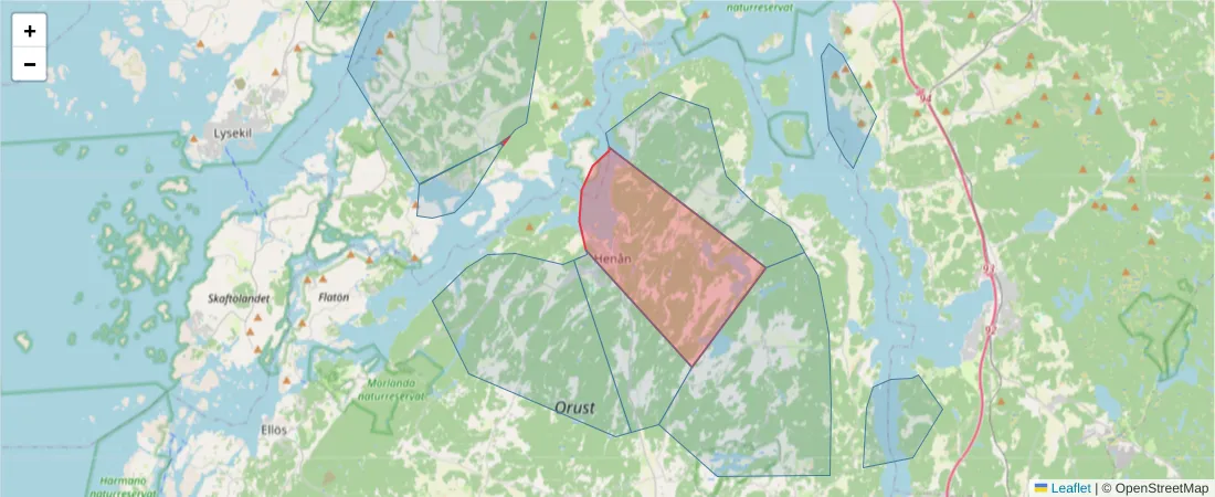 Karta över postnummerområdet  och angränsande postnummer i Sverige