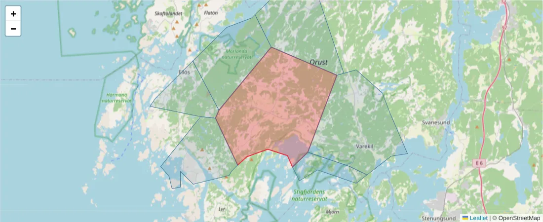 Karta över postnummerområdet  och angränsande postnummer i Sverige