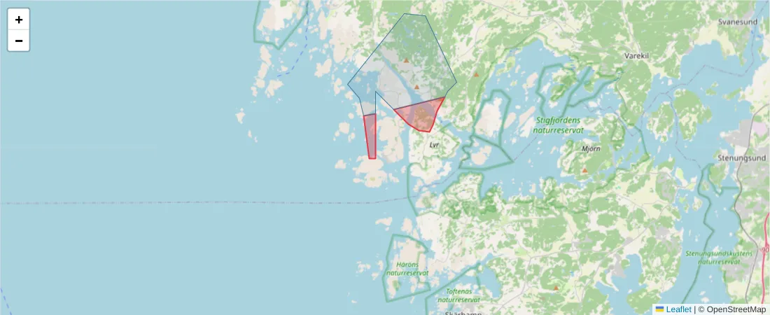 Karta över postnummerområdet  och angränsande postnummer i Sverige