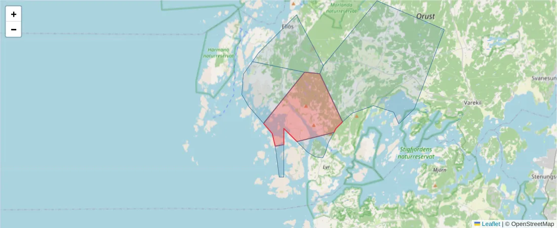 Karta över postnummerområdet  och angränsande postnummer i Sverige