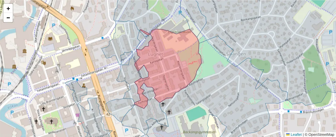 Karta över postnummerområdet  och angränsande postnummer i Sverige
