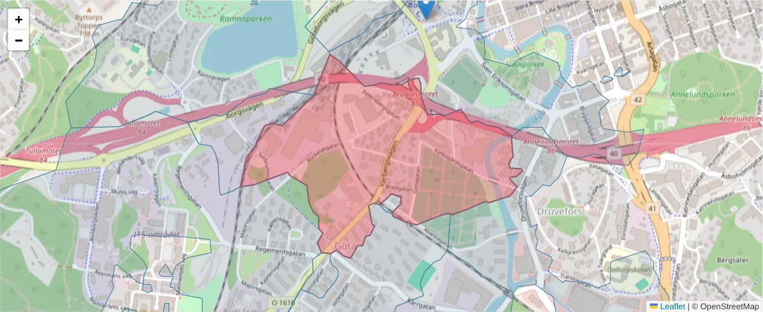 Karta över postnummerområdet  och angränsande postnummer i Sverige