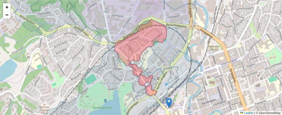 Karta över postnummerområdet  och angränsande postnummer i Sverige