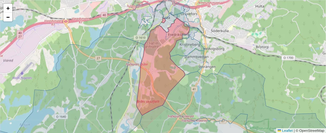 Karta över postnummerområdet  och angränsande postnummer i Sverige