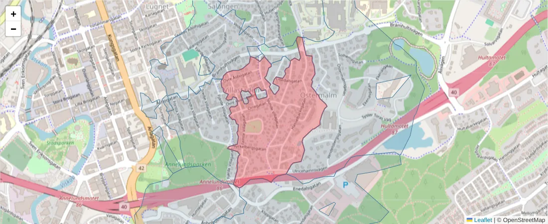 Karta över postnummerområdet  och angränsande postnummer i Sverige