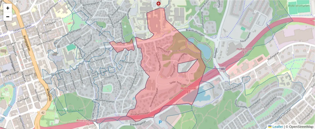 Karta över postnummerområdet  och angränsande postnummer i Sverige