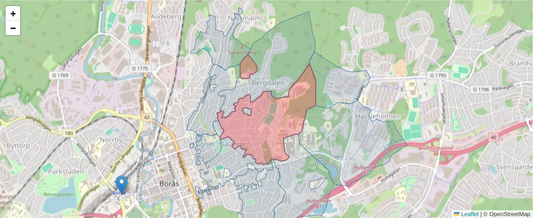 Karta över postnummerområdet  och angränsande postnummer i Sverige