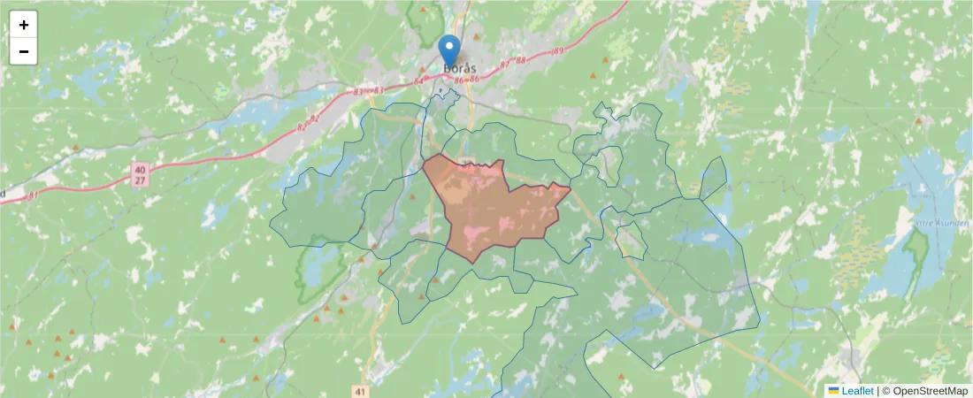 Karta över postnummerområdet  och angränsande postnummer i Sverige