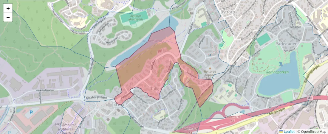 Karta över postnummerområdet  och angränsande postnummer i Sverige