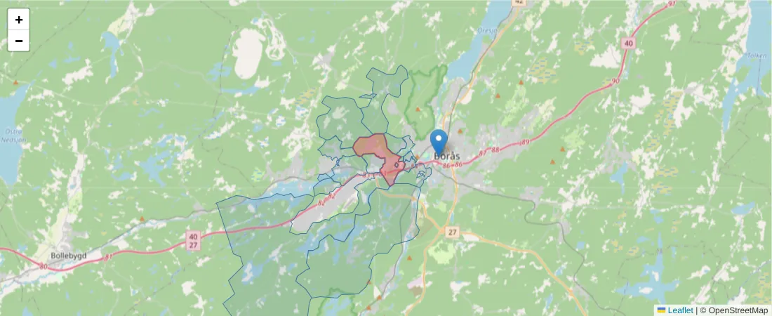 Karta över postnummerområdet  och angränsande postnummer i Sverige