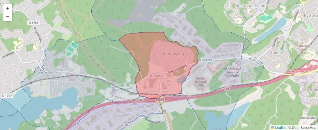 Karta över postnummerområdet  och angränsande postnummer i Sverige